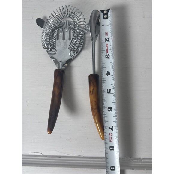 MCM Parker Gaines Stainless Cocktail Strainer & Spoon w/ Marbled Bakelite Handle - Picture 8 of 8